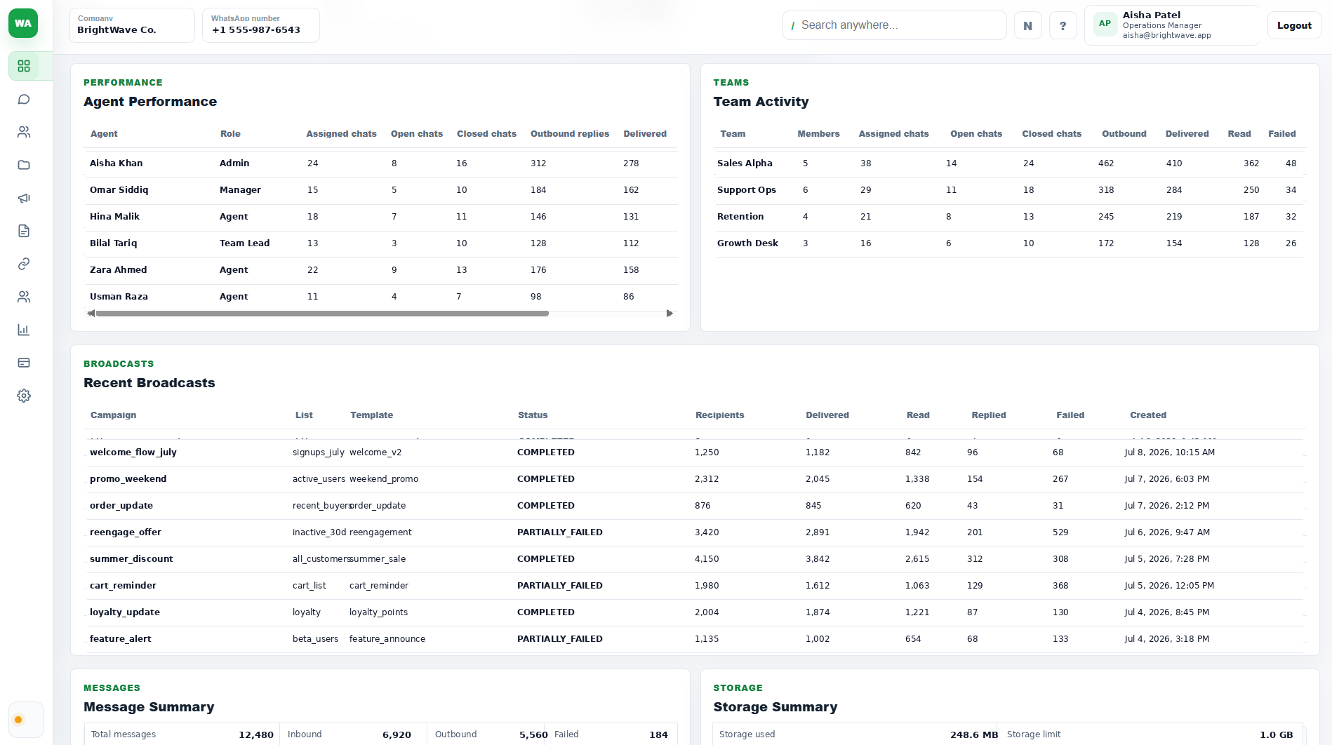 Multi-team management product screenshot in WA CRM